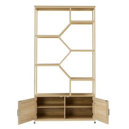 7 Tiers Rattan Bookshelf, Display Shelf Bookcases, Book Shelf Storage Rack with Cabinet for Living Room Home Office, Natural