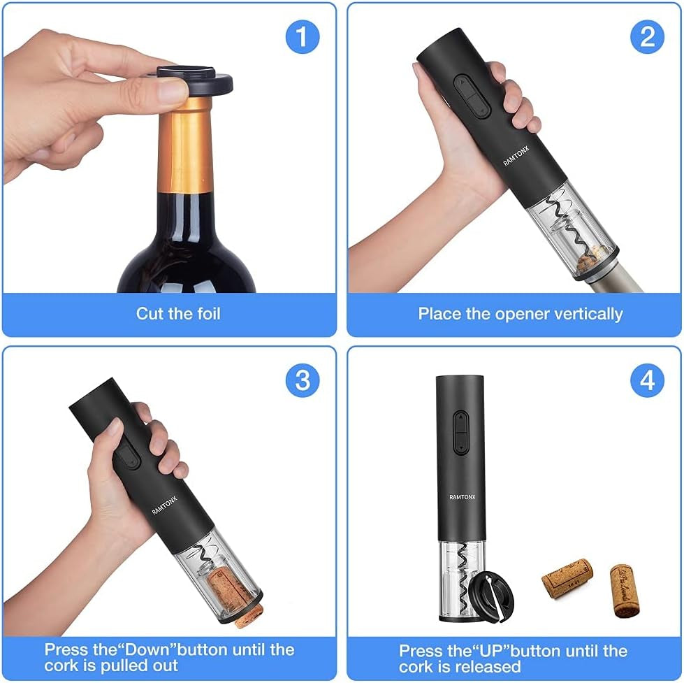 Electric Wine Bottle Opener, Wine Opener Corkscrew Key Set with Foil Cutter,Automatic Reusable Easy Carry Black Wine Opener Gift for Waiter Women in Home Kitchen Party Bar Outdoor