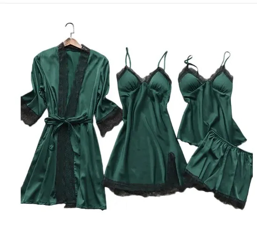 4PCS Sleepwear Pajamas Set Silk Women Nightdress Lace Dress Robe Sleep Nightwear Silk Solid Color Pijama Sets