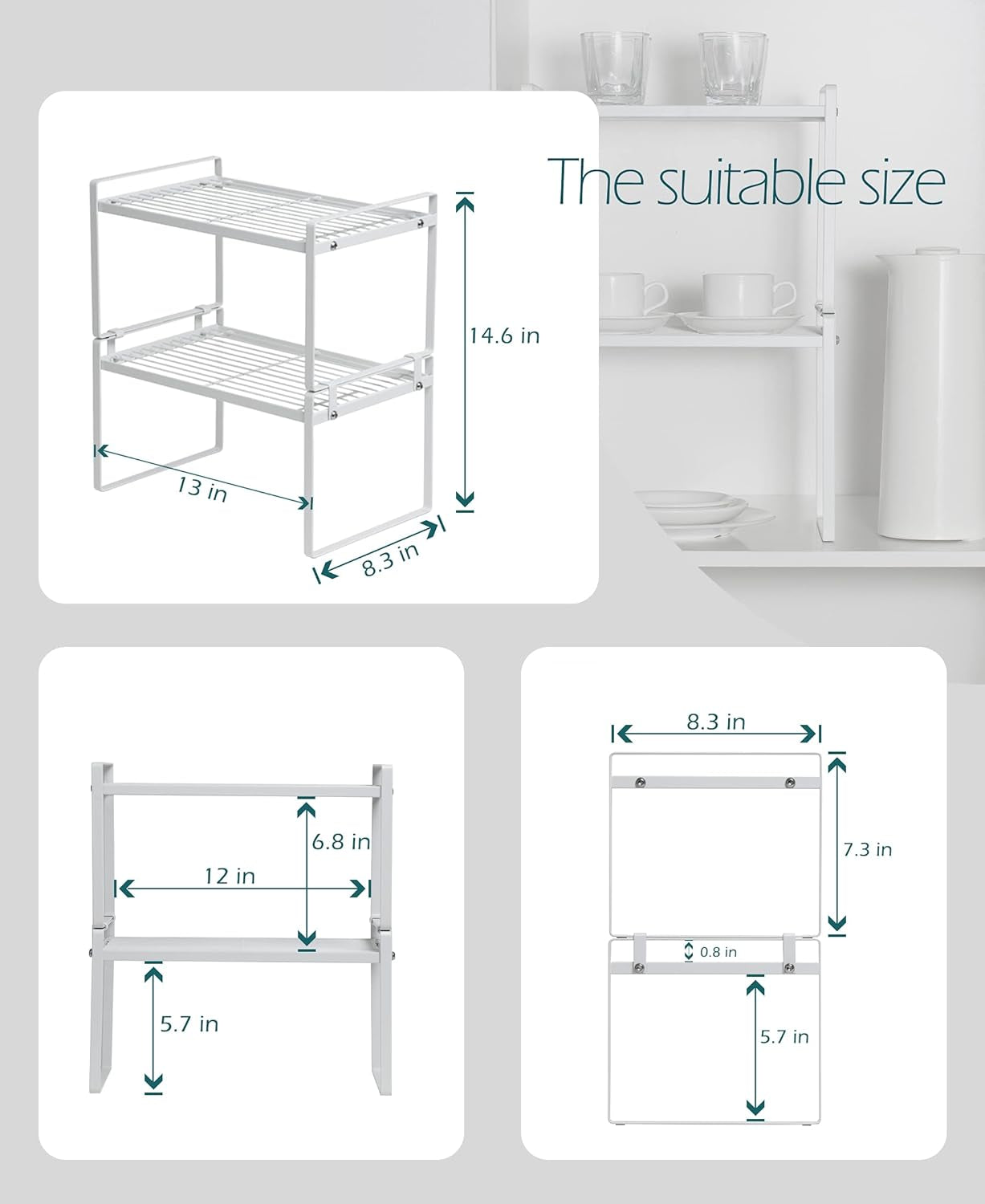 2 Pack Kitchen Cabinet Shelf Counter Organizer Rack Pantry Storage Bathroom Bedroom Office Table Desk Space Saving Steel Frame Stackable Rust Resistant Non Slip White