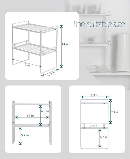 2 Pack Kitchen Cabinet Shelf Counter Organizer Rack Pantry Storage Bathroom Bedroom Office Table Desk Space Saving Steel Frame Stackable Rust Resistant Non Slip White