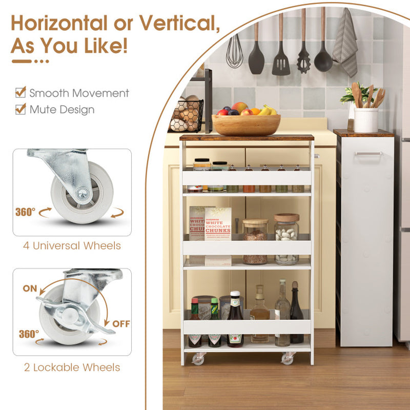 4-Tier Rolling Storage Cart Slim Kitchen Cart on Wheels with Open Shelves and Handle