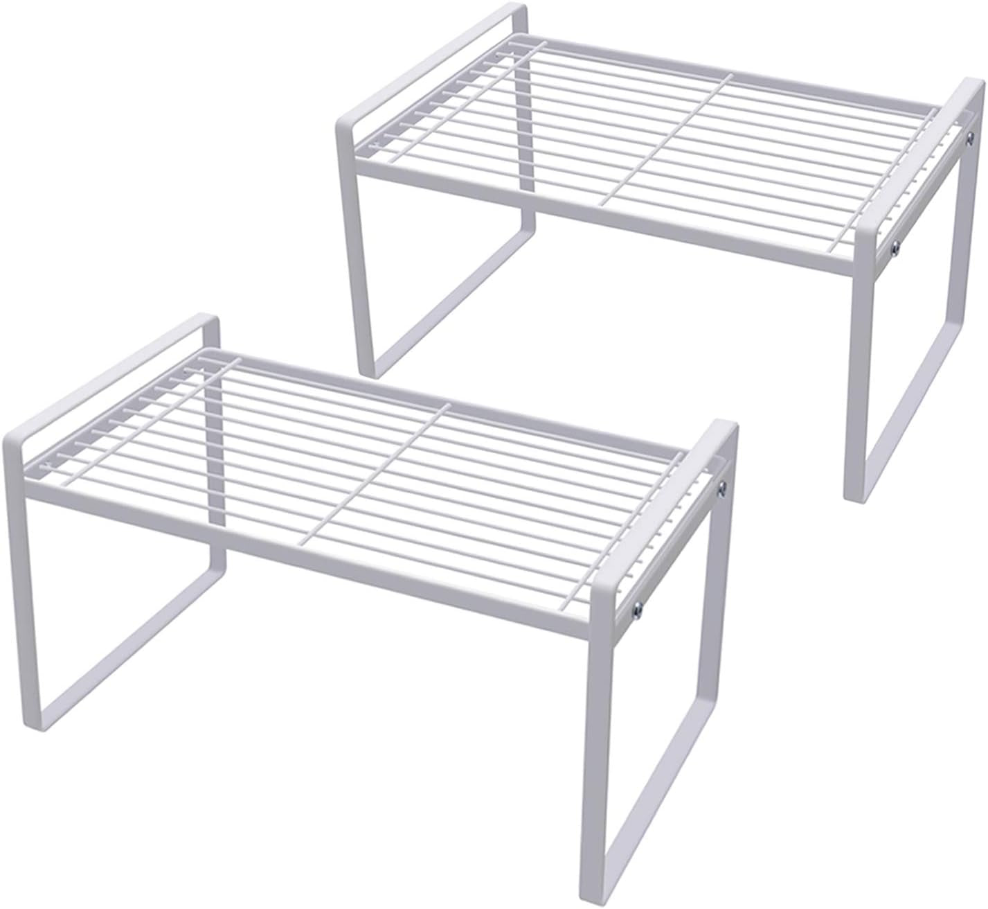 2 Pack Kitchen Cabinet Shelf Counter Organizer Rack Pantry Storage Bathroom Bedroom Office Table Desk Space Saving Steel Frame Stackable Rust Resistant Non Slip White