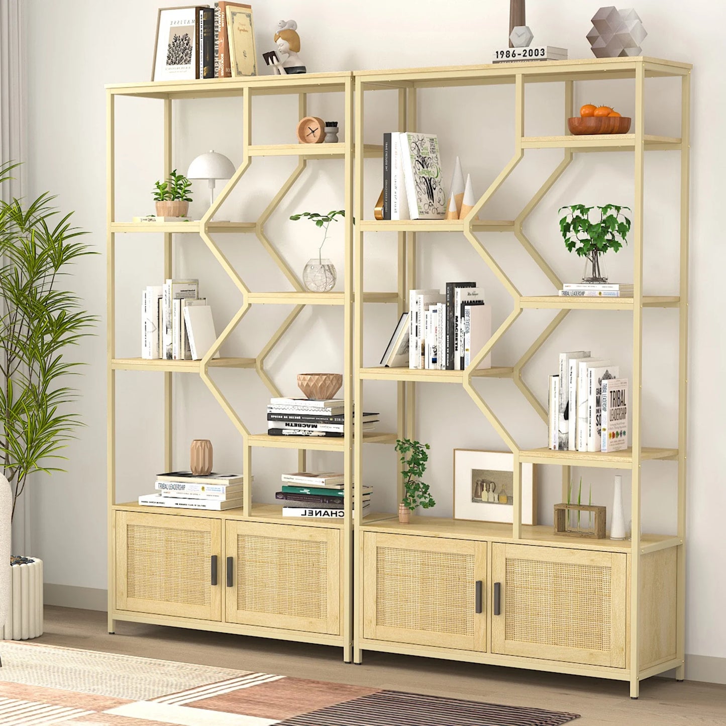 7 Tiers Rattan Bookshelf, Display Shelf Bookcases, Book Shelf Storage Rack with Cabinet for Living Room Home Office, Natural