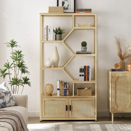 7 Tiers Rattan Bookshelf, Display Shelf Bookcases, Book Shelf Storage Rack with Cabinet for Living Room Home Office, Natural